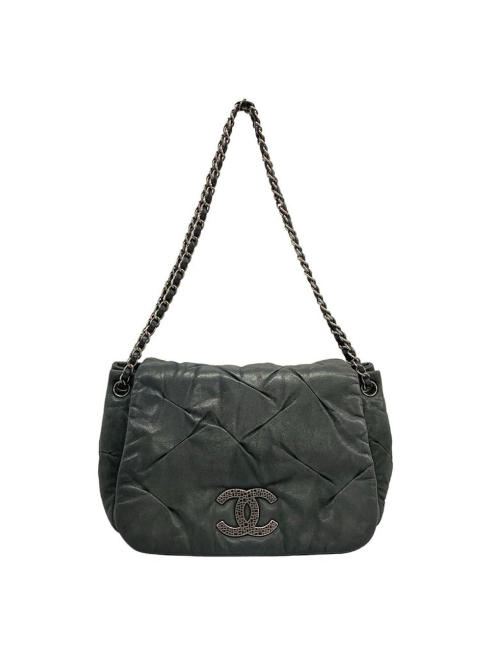 Chanel Shoulder Bag Dark Gray Chain Silver Leather